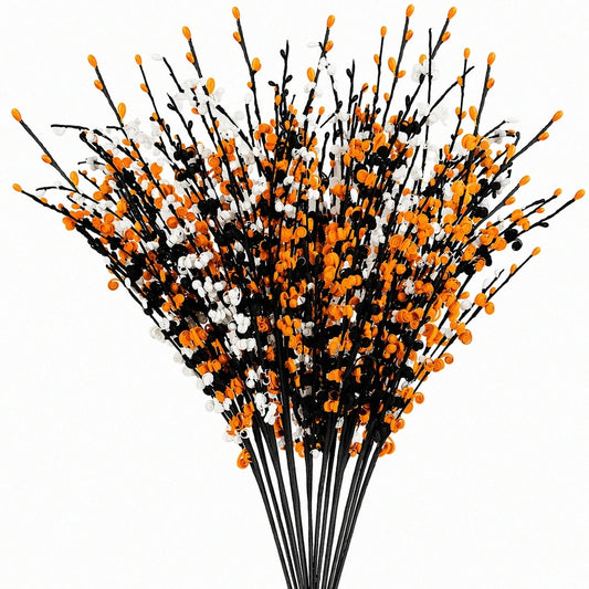 Halloween Artificial Berry Stems | Black Orange White Curly Branches | Spooky Fall Vase Filler