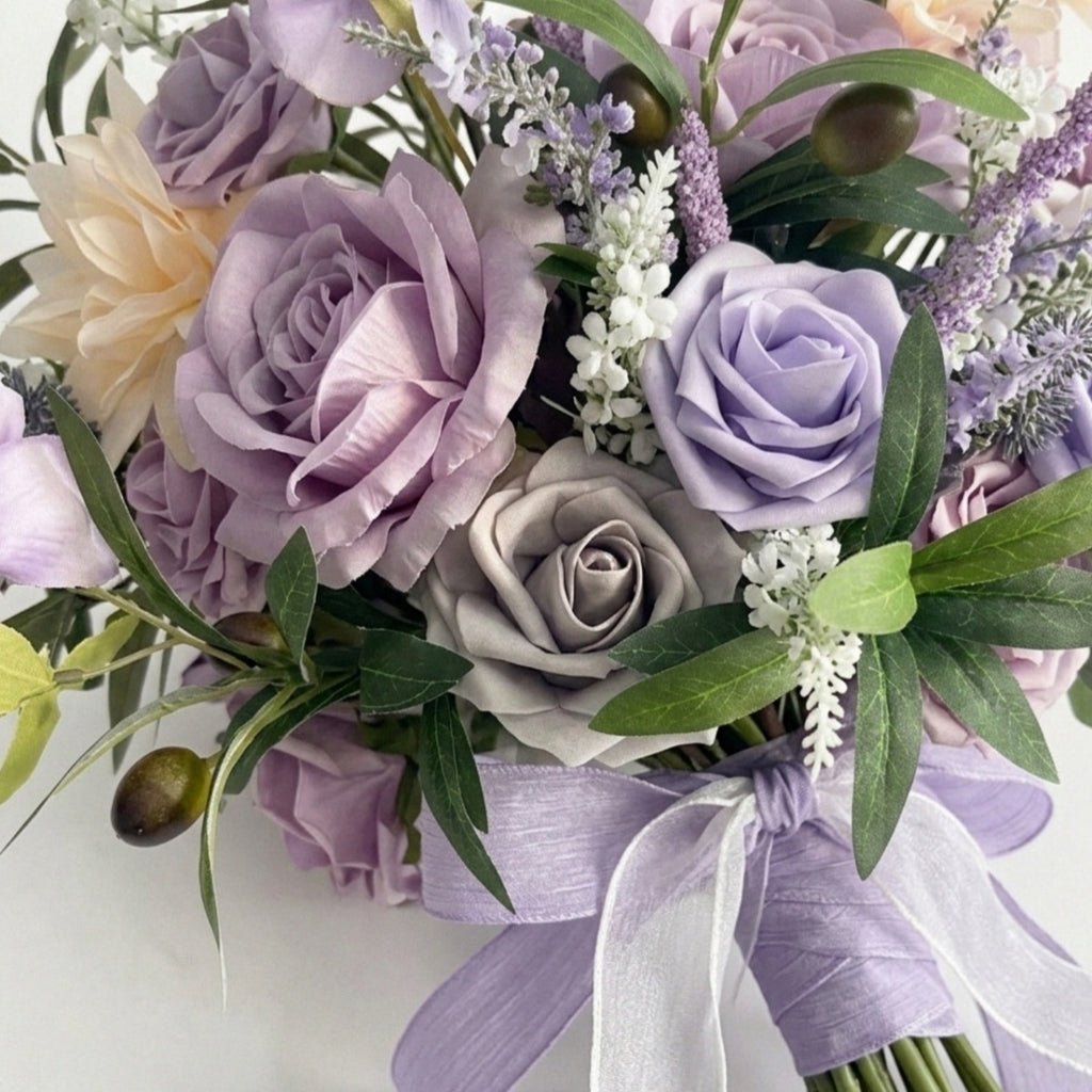 Artificial Purple Rose & Peony Bouquet | Wedding Bridal Flower Arrangement with Chiffon Ribbon for Ceremony Bridal Shower & Home Decor