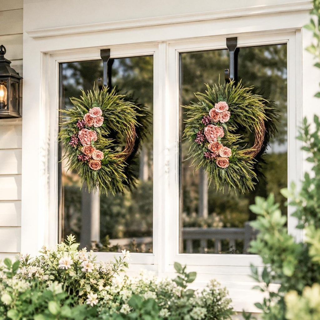 Asymmetric Pink Rose Wreath Front Door Decor Boho Fern Garland Spring Summer Home Wall Hanging Porch Art
