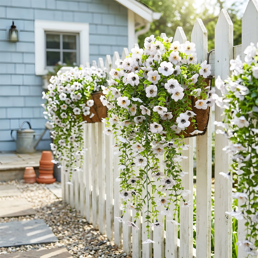 Artificial Hanging Flowers for Outdoors, Morning Glory Artificial Flowers with Eucalyptus Leaves, UV Resistant Fake Flower Realistic Faux Plants for Home Patio Porch Garden