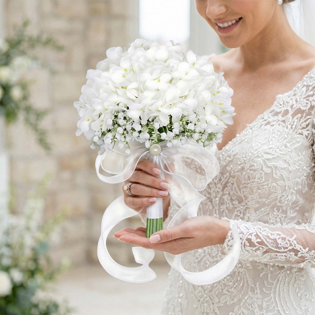 White Hydrangea Wedding Bridal Bouquet, Bridesmaid Bouquet Artificial Wedding Hydrangea Bouquet, Fake Flowers for Home Indoor Outdoor DIY Floral Wedding Flower Bouquets Kitchen Table Centerpiece Decor