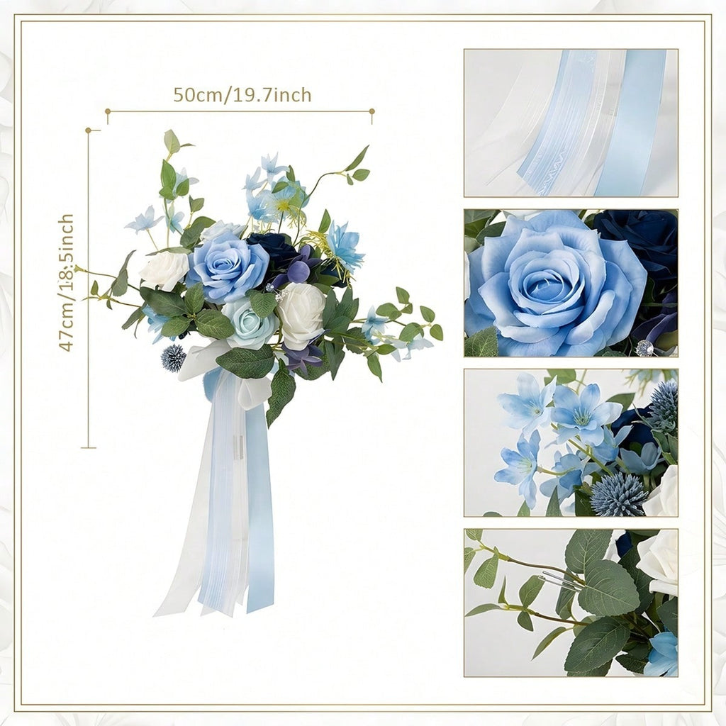Dusty Blue & White Artificial Bridesmaid Bouquet with Ribbon | Wedding Ceremony Bridal