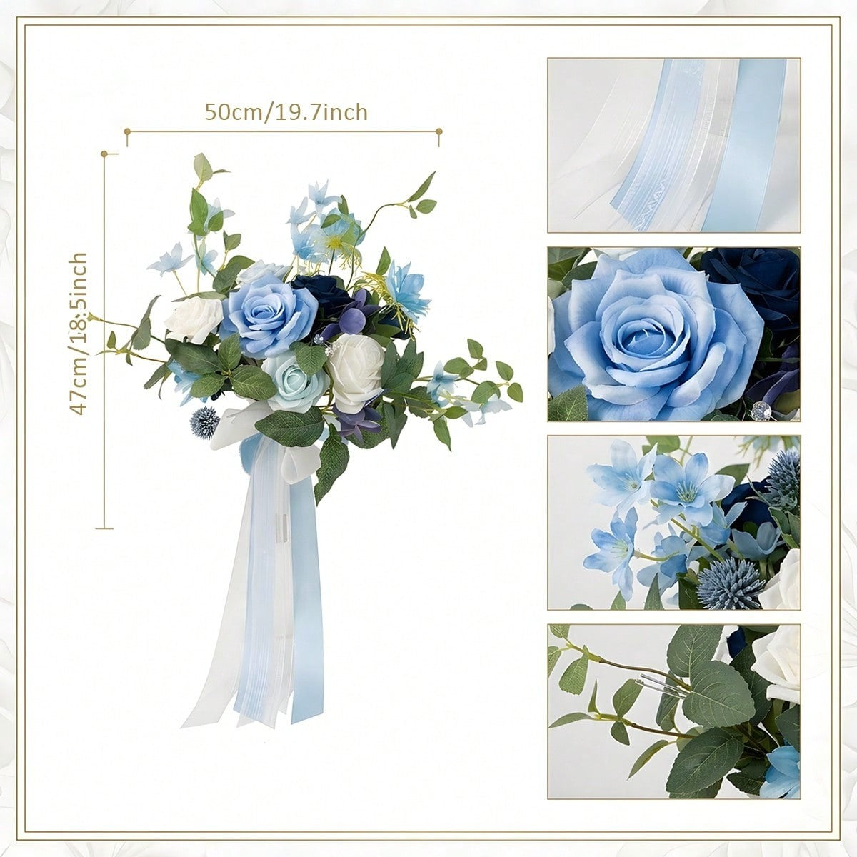 Dusty Blue & White Artificial Bridesmaid Bouquet with Ribbon | Wedding Ceremony Bridal