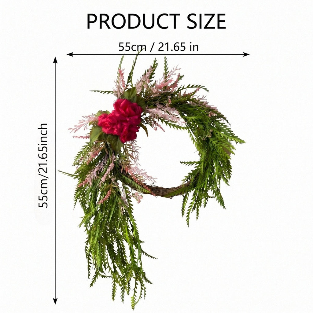 Cascading Rose Wreath Front Door Decor Romantic Pink Flower Wreath Green Foliage Wall Hanging Spring Summer Home Porch Entrance Decoration