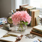 Artificial Hydrangea Flowers in Glass Vase | Lifelike Faux Floral Arrangement for Home Office Dining Table Decor