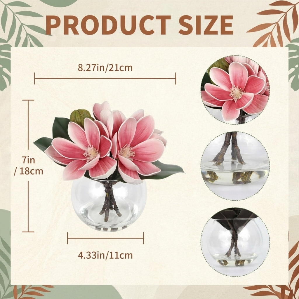 Artificial Magnolia Flowers in Glass Vase with Fake Water | Home Decor Bathroom Office Centerpiece