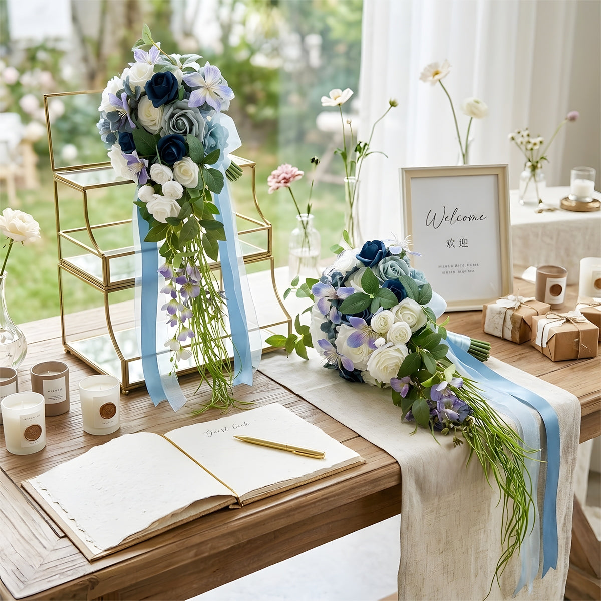 Cascading Blue Rose Bridal Bouquet | Waterfall Shape French Vintage Wedding Flowers