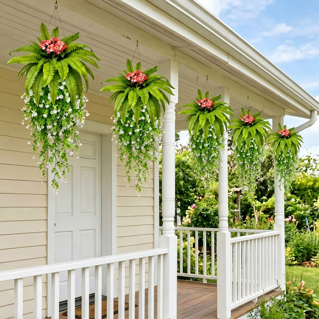 Artificial Hanging Fern Plant with Pink Flowers and Cascading White Vines Fake Boston Fern Wall Basket Greenery for Home Garden Patio Porch Ceiling Decor