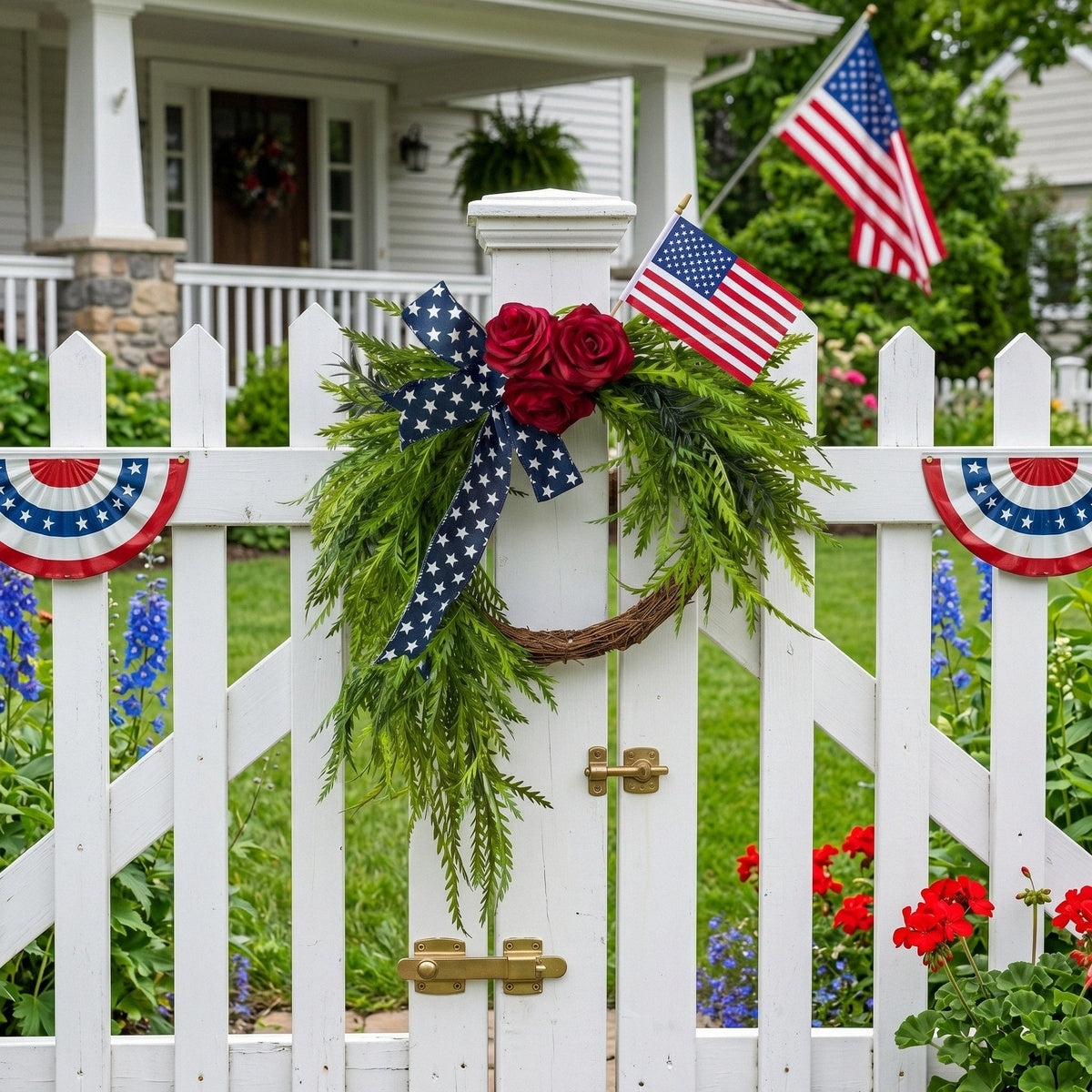 Patriotic Cascading Wreath Front Door Decor Red Rose American Flag Star Ribbon Green Foliage 4th of July Memorial Day Home Porch Wall Art