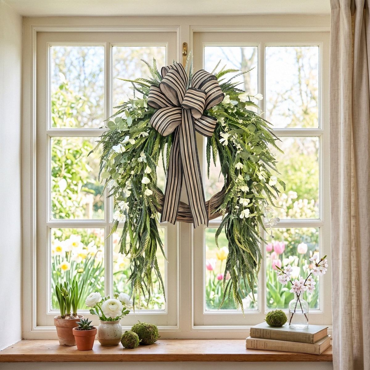Artificial Greenery Wreath with Striped Bow and White Berries Pine Fern Eucalyptus Door Wall Hanging Decor