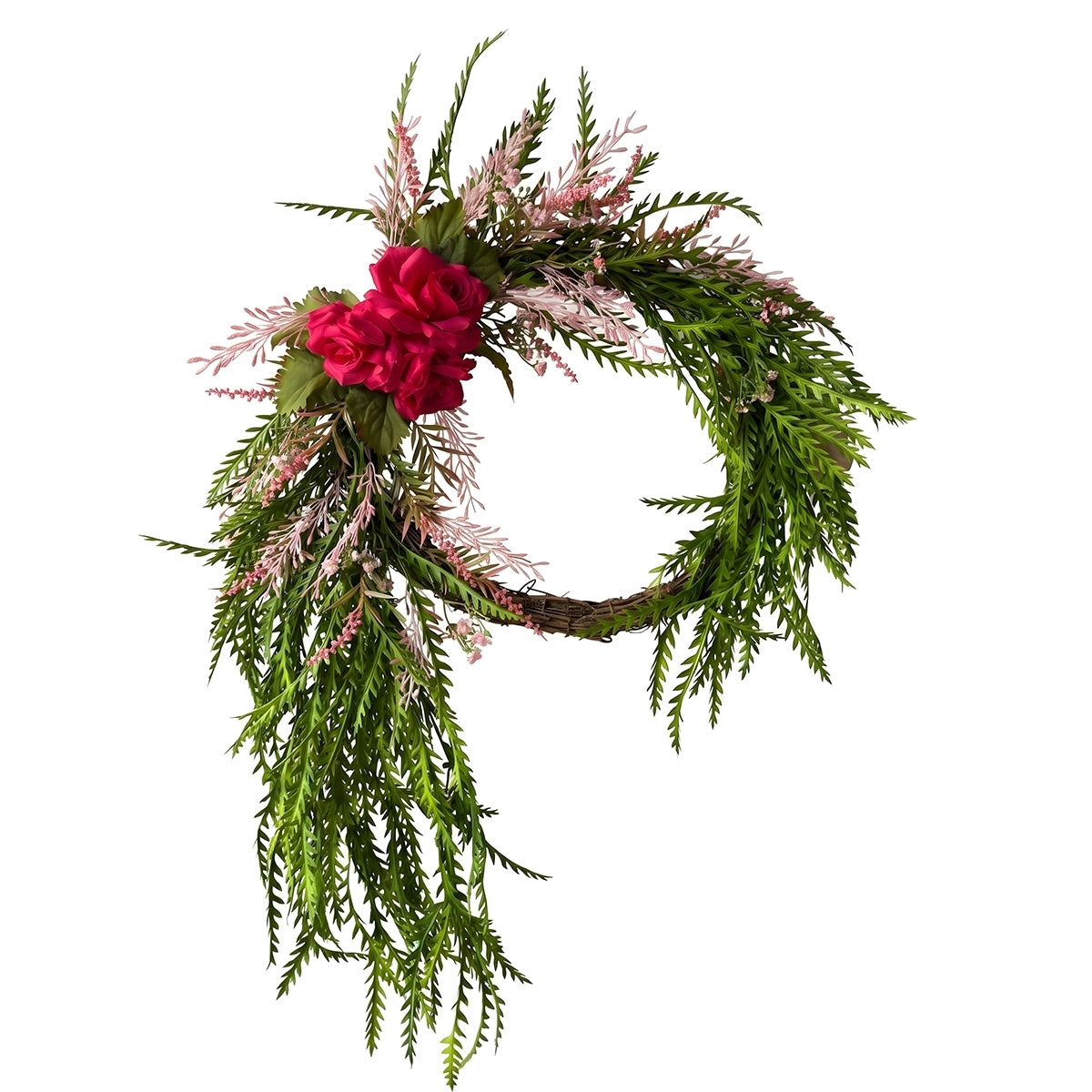 Cascading pink rose wreath with fuchsia flowers and green foliage for front door porch wall hanging spring summer home entrance decoration
