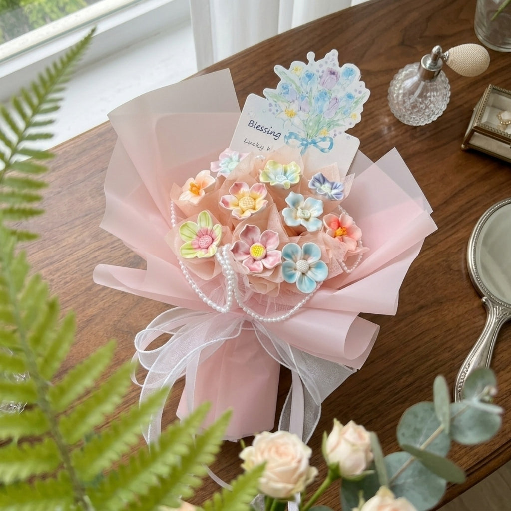 DIY Mini Ceramic Flower Bouquet Material Kit Handmade Clay Assembly Set with Pearl Chain & Gift Packaging Craft Gift