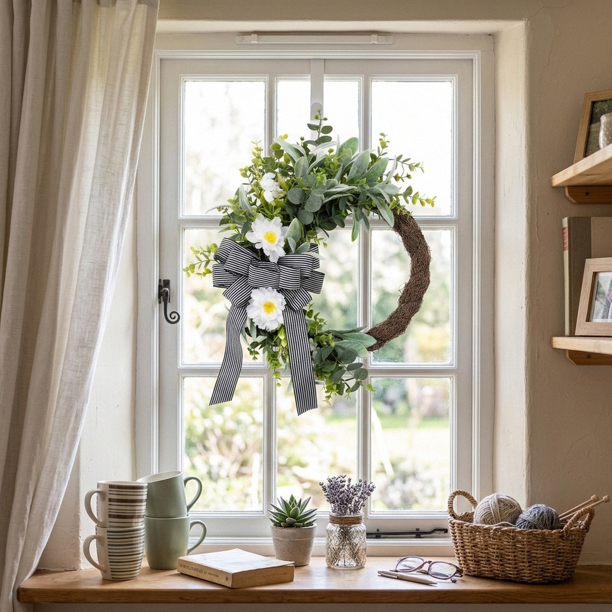 Classic Black and White Striped Bow Wreath Faux Greenery and White Floral Door Hanger Modern Farmhouse Spring Summer Decor for Front Door Wedding and Party Backdrop