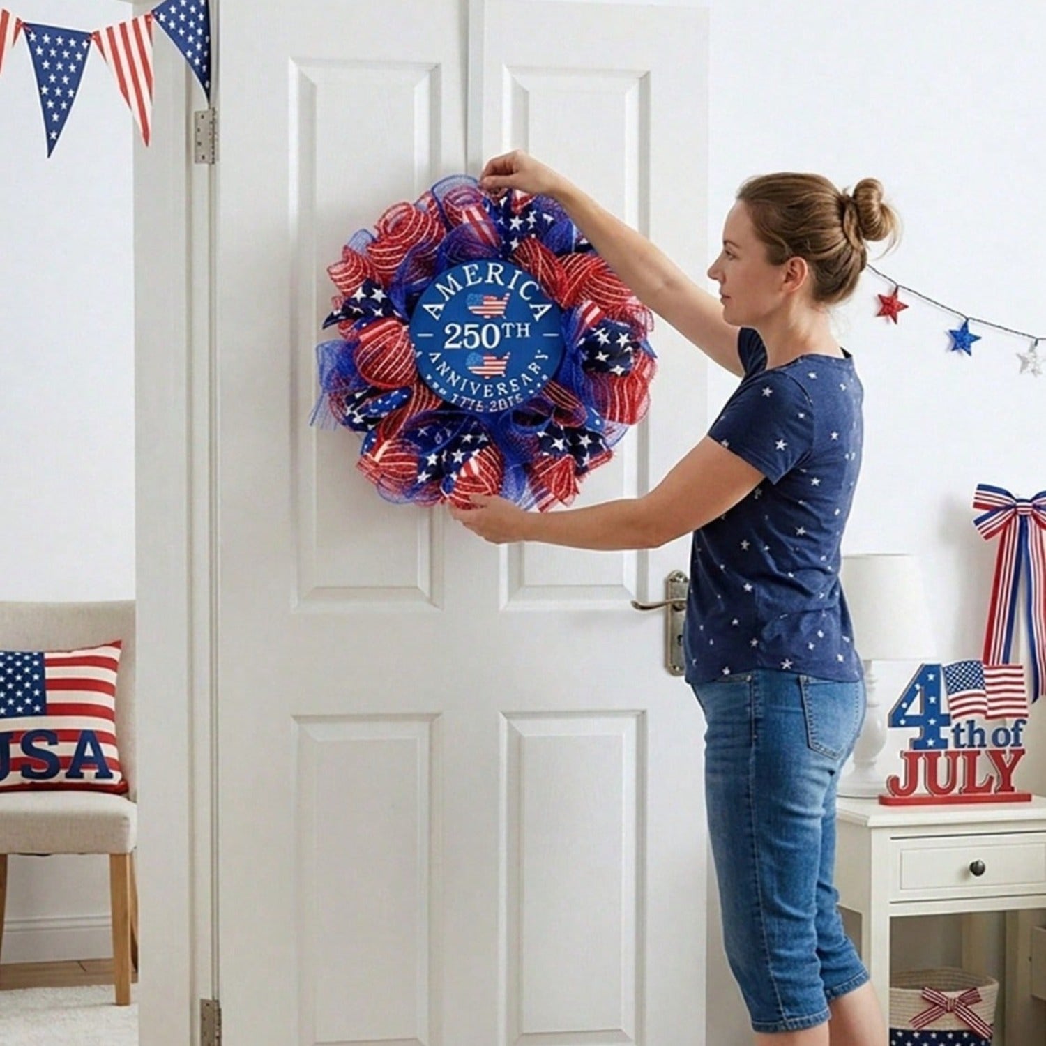 16" Patriotic Wreath for Front Door | 250th 4th of July Summer Outdoor Independence Day Decor