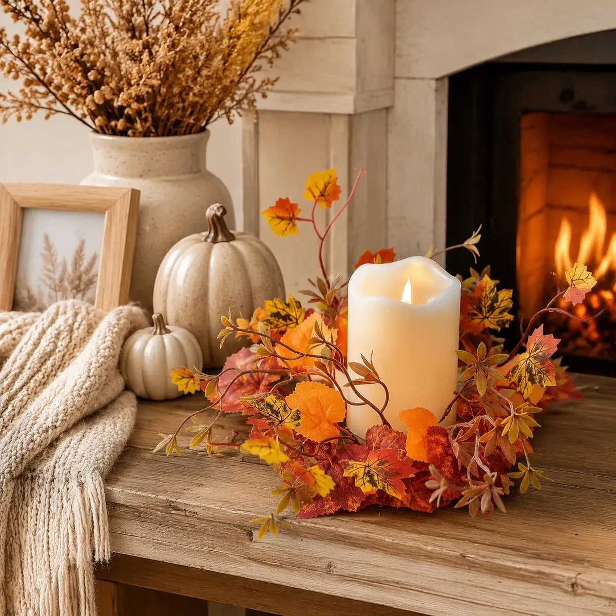 Fall maple leaf candle ring wreaths with red and orange leaves displayed around pillar candles on a mantel beside a lit fireplace