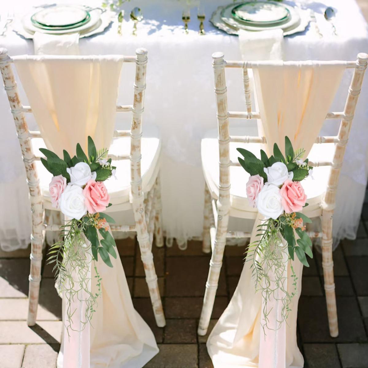 Artificial Flower Chair Decorations with Chiffon Ribbons 4pcs | Wedding Ceremony Banquet & Party Chair Decor in 10 Colors