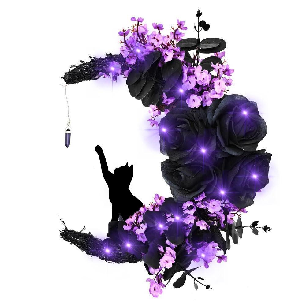 Detail of halloween bat black branch glowing wreath for faux floral round by IPOPU