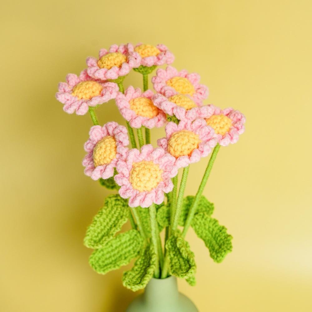 Handmade Crochet Sunflower Daisy Artificial Flowers 6pcs | Flocked Daisy Bouquet for Wedding Bedroom Centerpiece & DIY Decor in Pink White Purple Blue