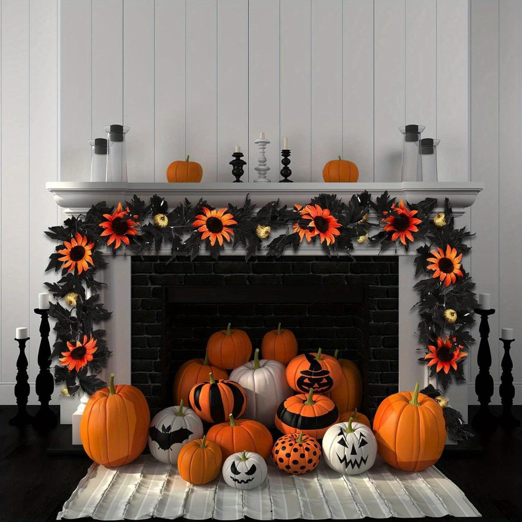 Black Halloween Garland | Artificial Maple Leaf Sunflower Pumpkin Vine for Fireplace Door Mantel & Party Decor in Yellow Orange