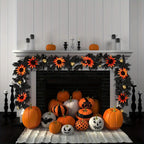 Black Halloween Garland | Artificial Maple Leaf Sunflower Pumpkin Vine for Fireplace Door Mantel & Party Decor in Yellow Orange