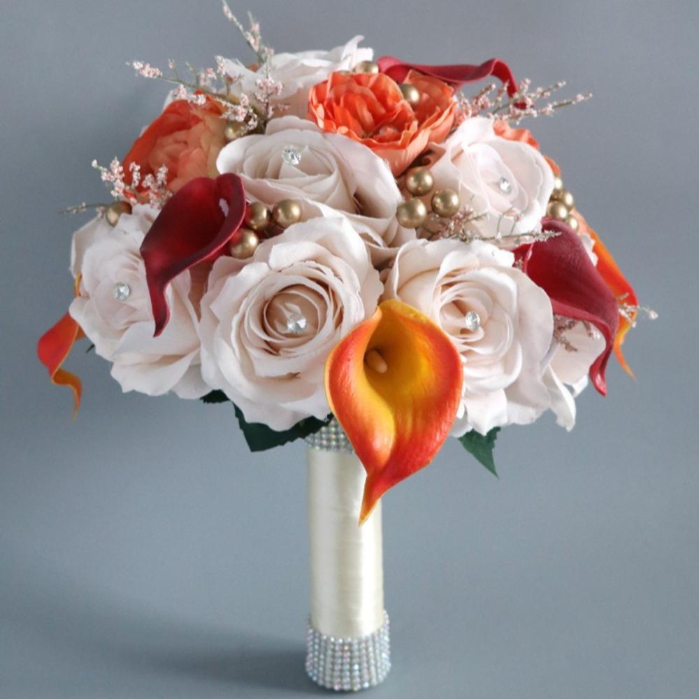 Rose Wedding Bouquet for Bride & Bridesmaid | Wedding Ceremony Prom & Party Decoration in White Red Orange Blue