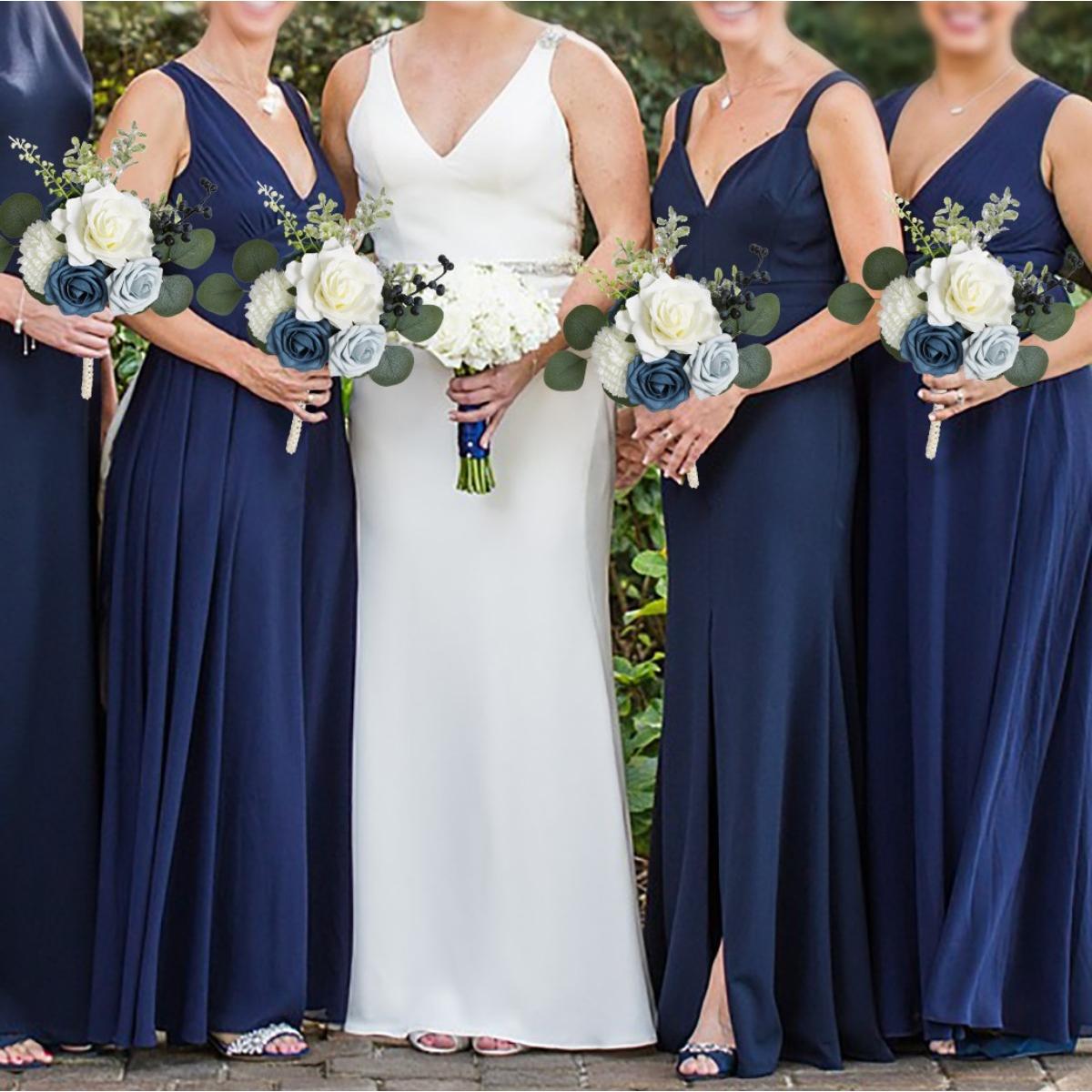 Dusty Blue Wedding Bouquet Artificial White Rose & Eucalyptus | Bride Bridesmaid & Toss Bouquet for Wedding Bridal Decor in Blue White