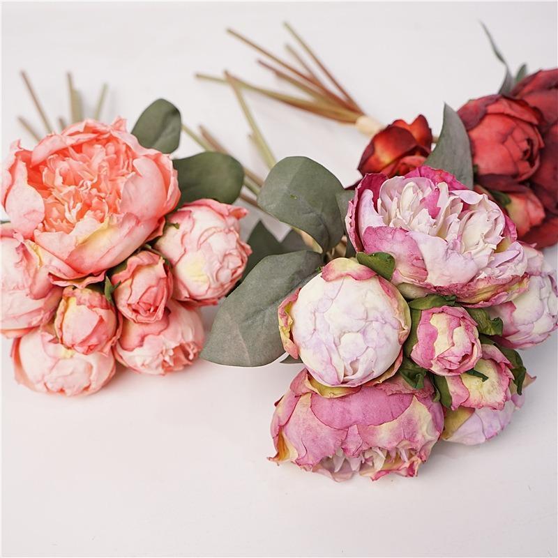 Faux Peony Bouquet 7 Stems per Bundle | Wedding Bridal Bouquet Valentine's Day & Home Decor in Pink Orange Purple White Red