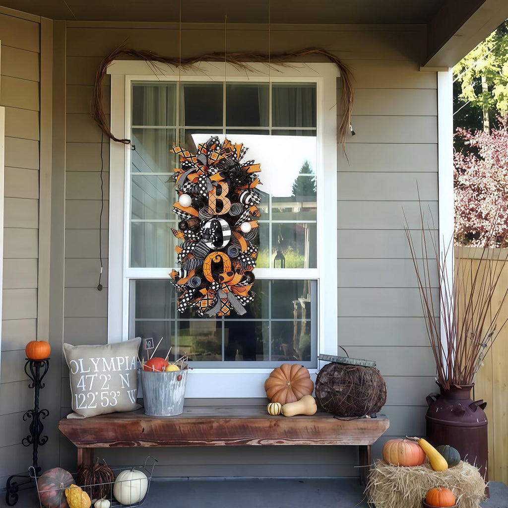 Halloween wreath for front door arranged for black white pumpkin by IPOPU