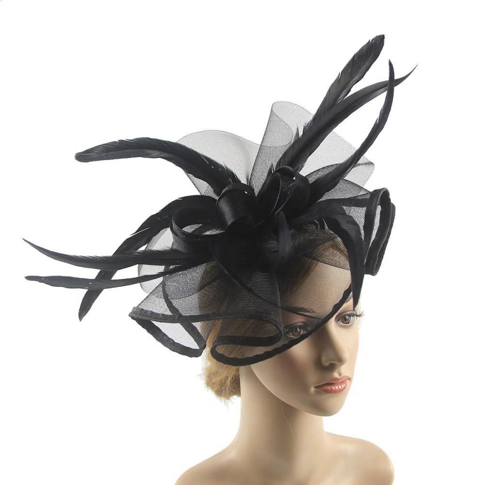 Women's Flower Headband with Veil & Feather Hair Clip | Tea Party Wedding Cocktail Headwear in 3 Colors