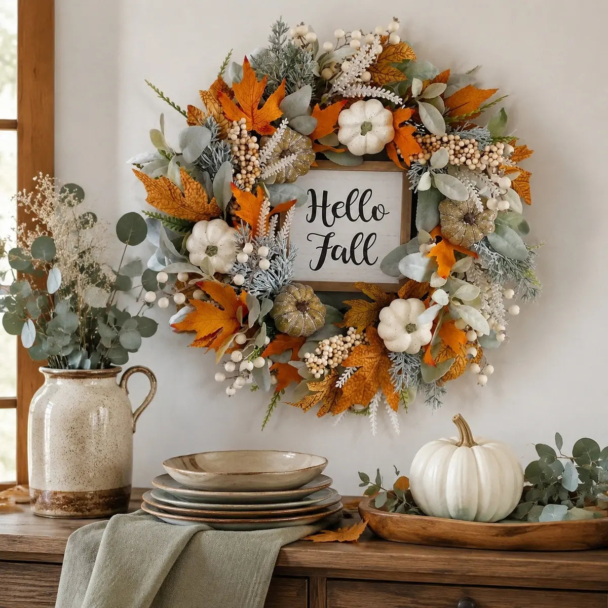 Thanksgiving fall wreath with eucalyptus, berries, pumpkins and lamb ear leaves displayed on a farmhouse sideboard with Hello Fall sign and white pumpkins