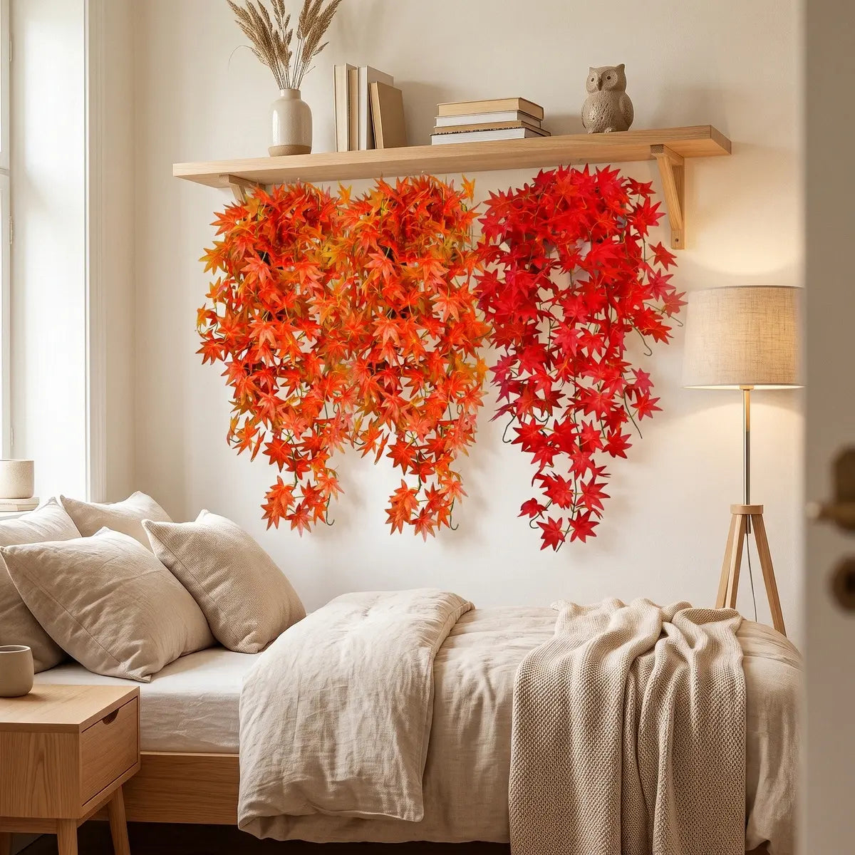 Faux autumn maple leaf vines draped over bedroom wall shelf, indoor fall home decor