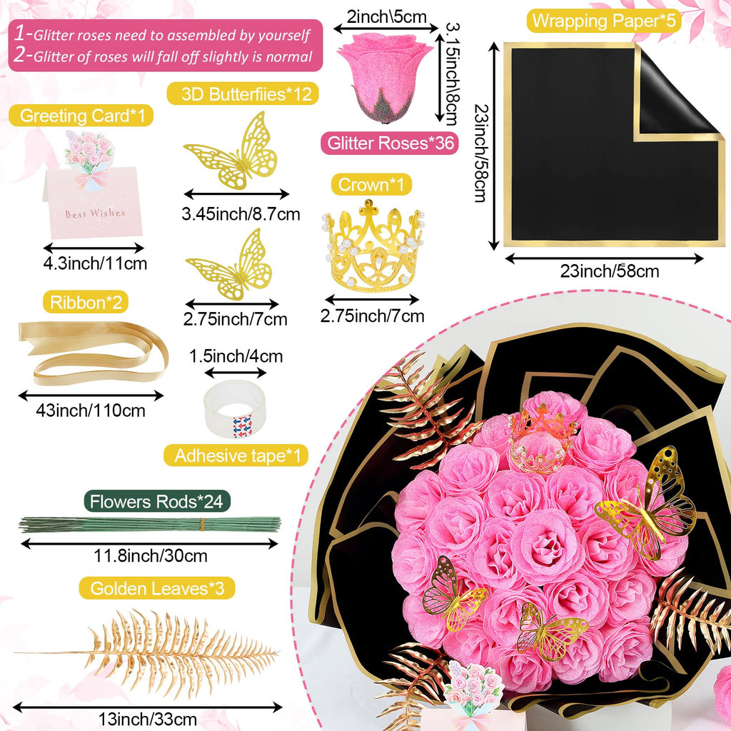 DIY Glitter Rose Bouquet Gift Set 24pcs | Graduation Birthday Gift with Stickers Ribbons Butterflies Crown in 7 Colors (Assembly Required)