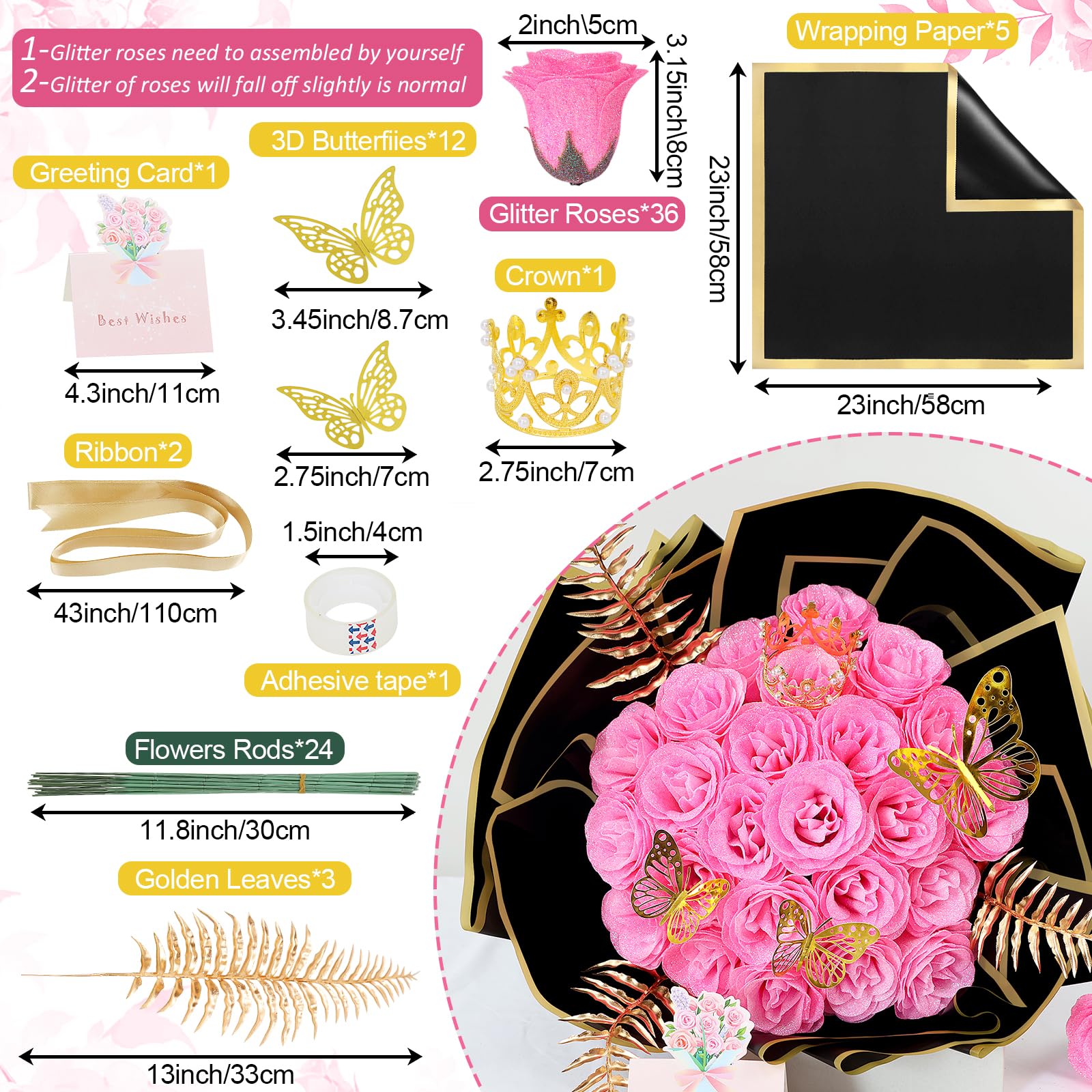 DIY Glitter Rose Bouquet Gift Set 24pcs | Graduation Birthday Gift with Stickers Ribbons Butterflies Crown in 7 Colors (Assembly Required)