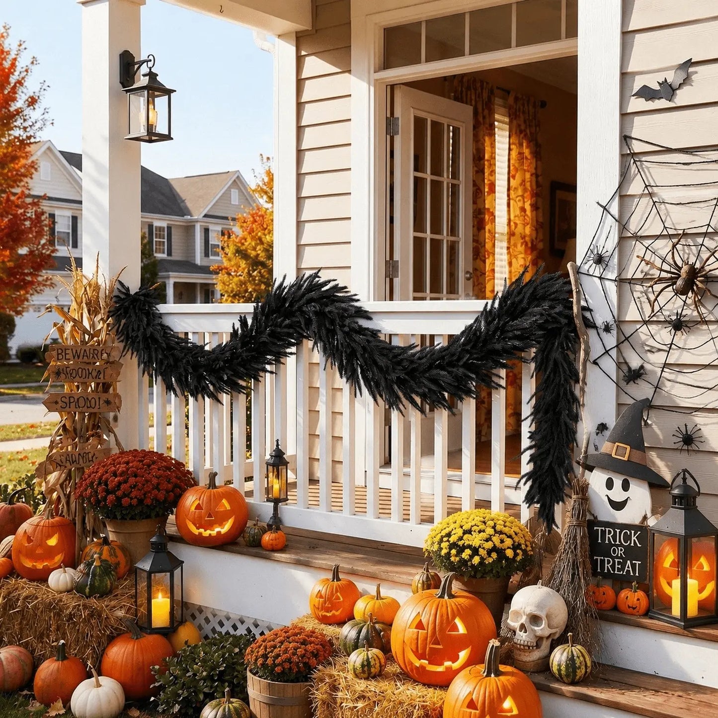 Black Halloween pine garland wrapped along a white porch railing with carved jack-o-lanterns, yellow and red mums, hay bales and a Trick or Treat lantern sign
