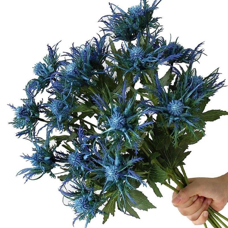 Faux eryngium thistle flower stems lifestyle shot – artificial blue flowers for bouquet
