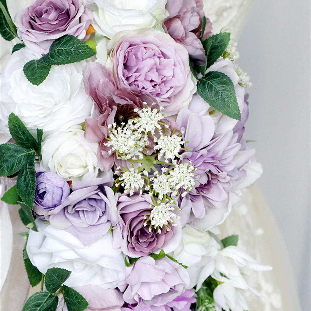 Detail of cascading rose bridal bouquet purple & ivory for wedding ceremony by IPOPU