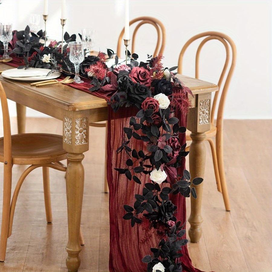 Halloween Artificial Rose Eucalyptus Willow Leaf Garland | Rustic Floral Table Runner Mantel Staircase Decor Black Red Orange