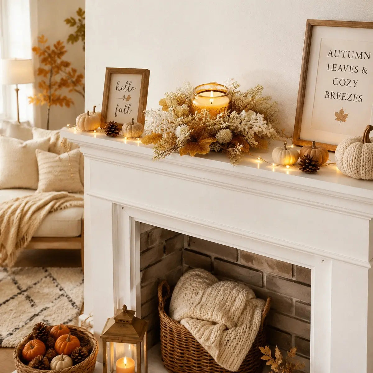 Neutral fall candle ring wreath with cream berries and thistle styled around a candle on a fireplace mantel with autumn home decor