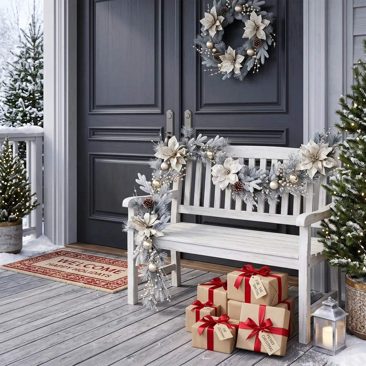 5.9FT frosted Christmas garland with champagne poinsettia and gold ornaments, draped over a white outdoor porch bench beside a grey front door, with matching wreath on door, wrapped gifts, lantern and snow-dusted Christmas trees
