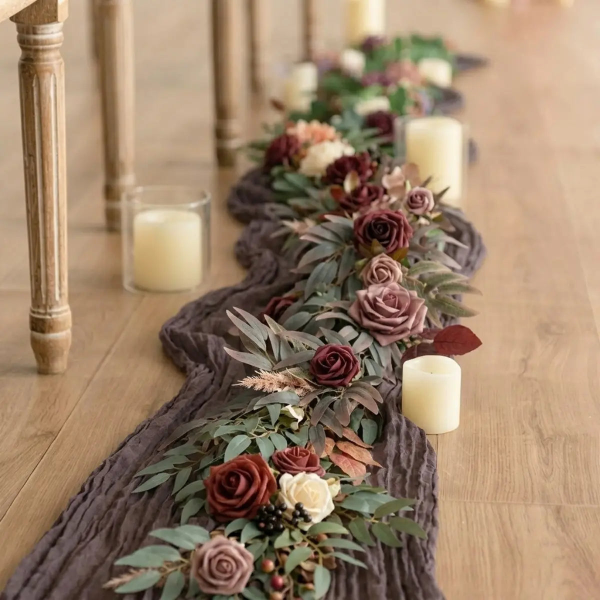 Gothic Black and Maroon Eucalyptus Rose Swag Garland Draped on Staircase for Wedding Decor
