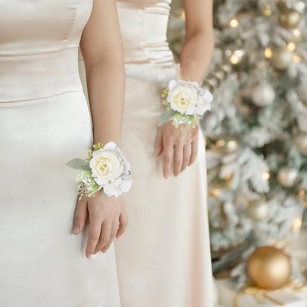 Artificial Wrist Corsage and Boutonniere Set 4pcs | Wedding Homecoming Prom & Graduation Party in White Red 6 Styles