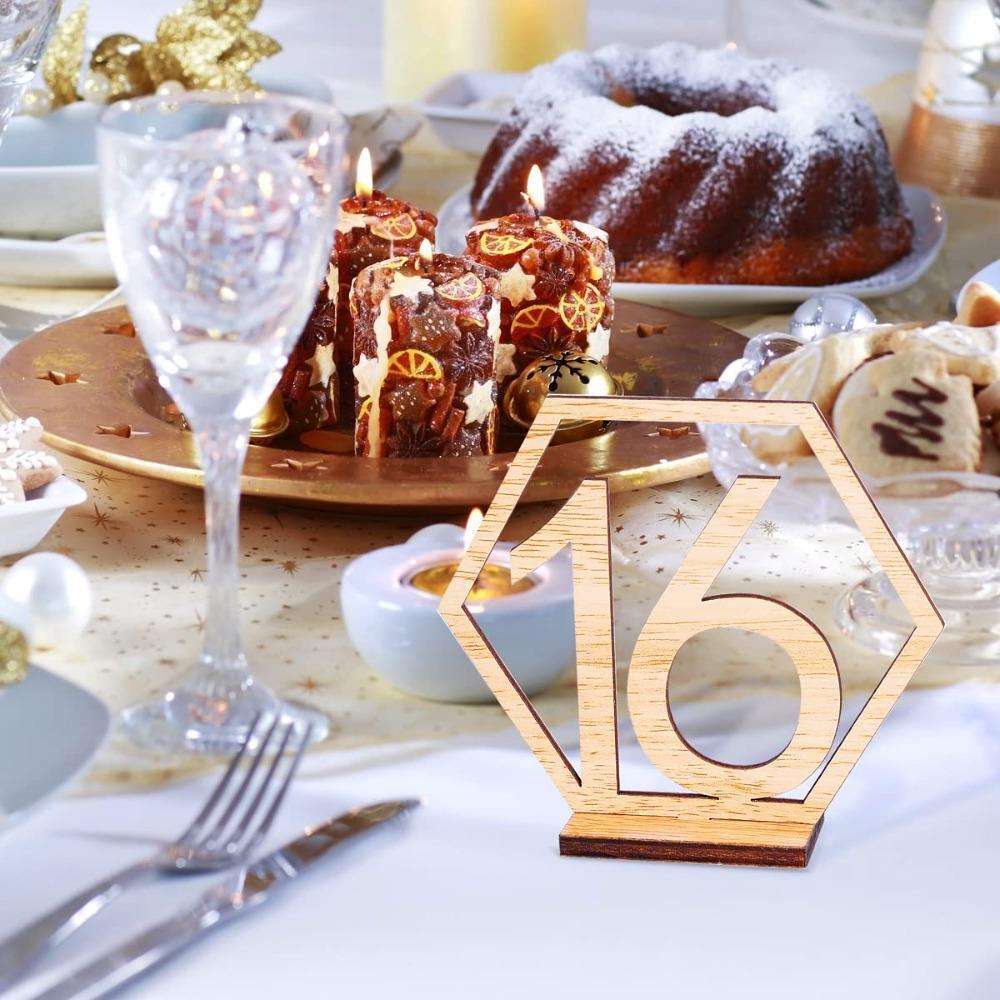 Hexagon Wooden Table Numbers 1-20 with Holder Base | Rustic Wedding Reception Decor