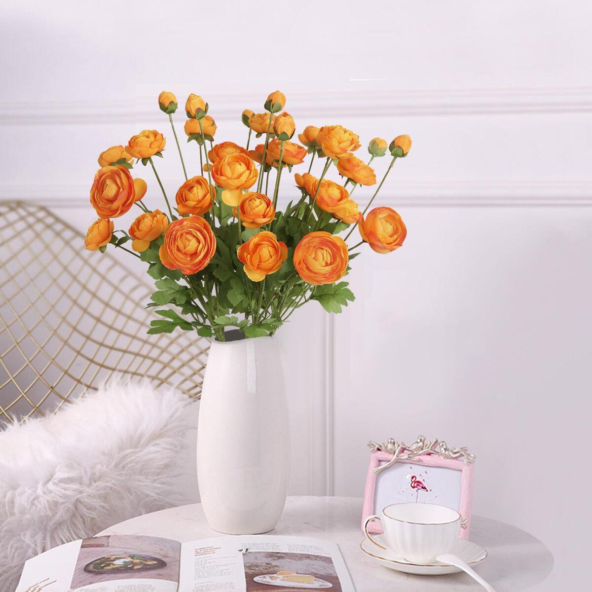 Artificial Ranunculus Flowers Set of 4 | Real Touch Stems | White Yellow Orange Pink