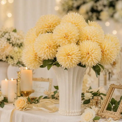 10pcs yellow ball chrysanthemum artificial flowers arranged in white vase as elegant wedding table centerpiece with candles