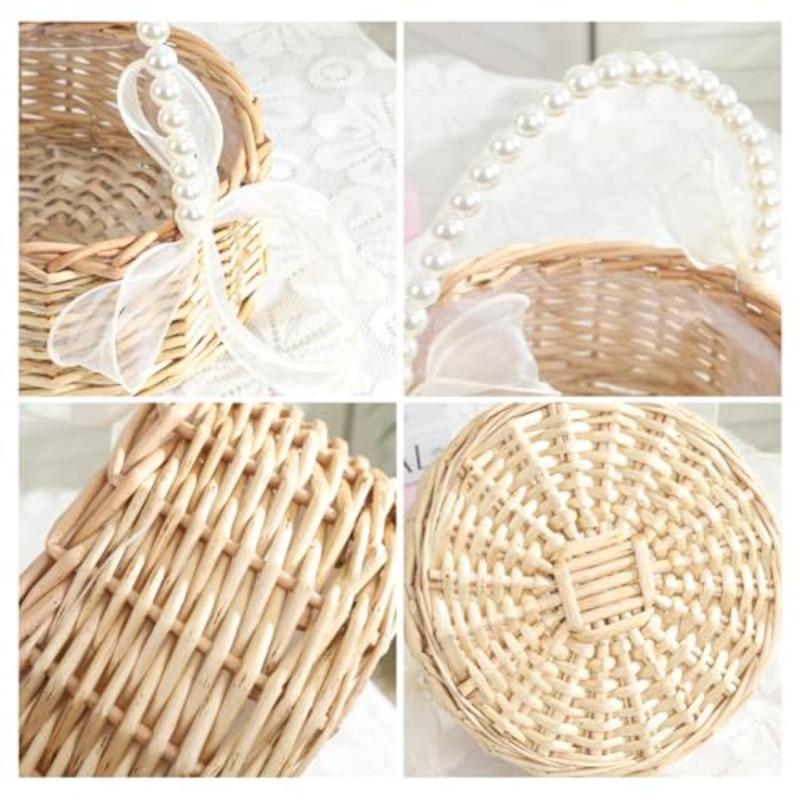 Wicker Wedding Flower Girl Basket with Pearl Handle & Ribbon Bow | Rustic Boho Handwoven Satin Ceremony & Picnic Basket