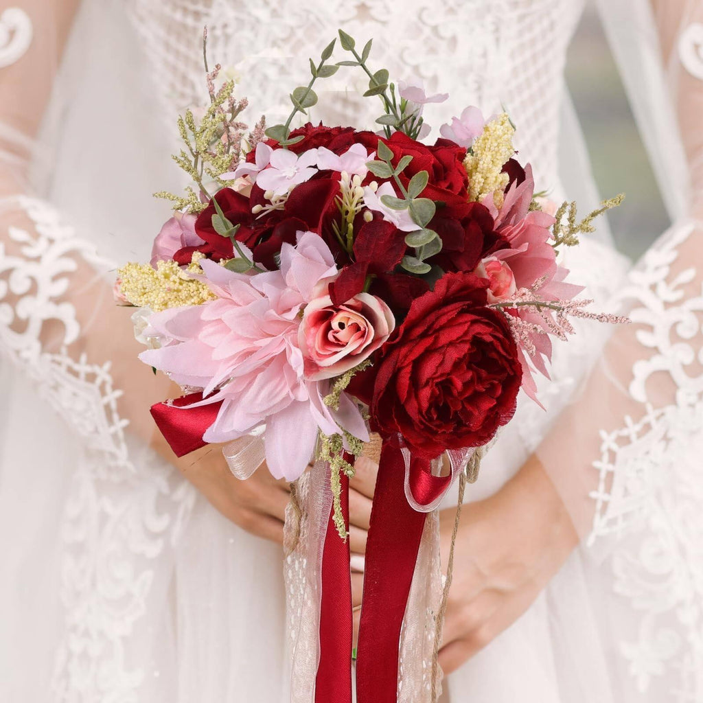 Bridal Bridesmaid Hand Bouquet Simulation Flowers | Wedding Church Ceremony & Decoration in Beige Pink Orange Purple Red