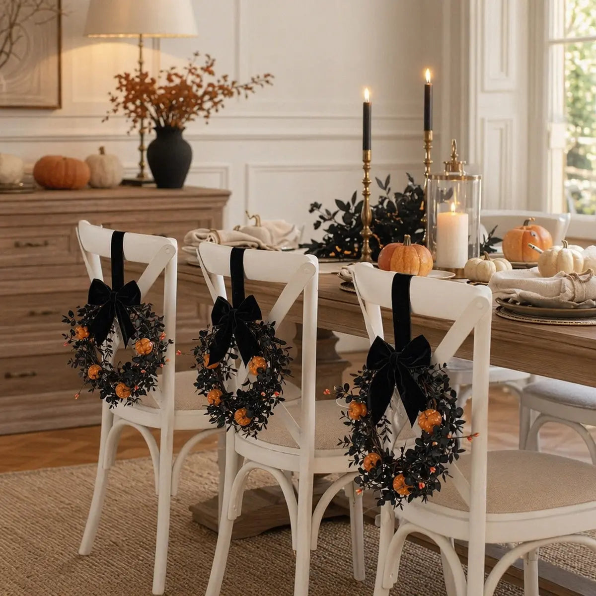 Gothic Halloween mini wreaths with black boxwood and orange pumpkins displayed on white chair backs in a dining room setting