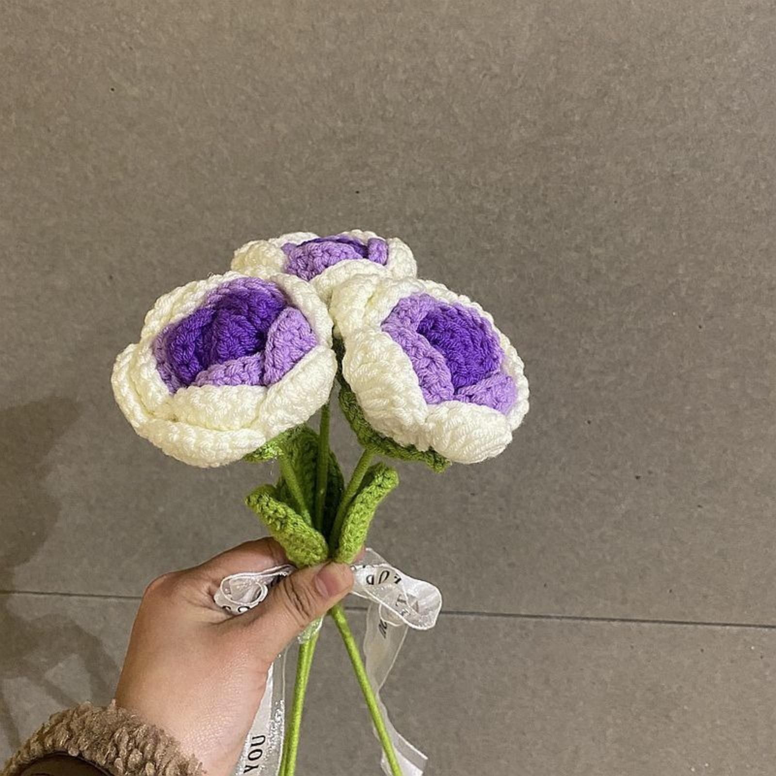 Handmade Crochet Rose Bouquet Set of 6 | Cotton Flower Gift for Valentine's Day Birthday Home Decor in Purple Pink Blue