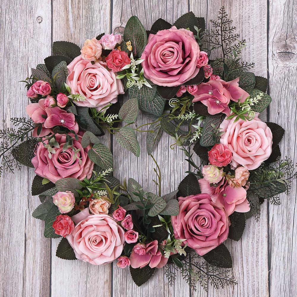 Artificial Rose Ring Wreath | Front Door Summer Floral Wedding Living Room Bedroom Farmhouse & Party Decor in White Pink Champagne