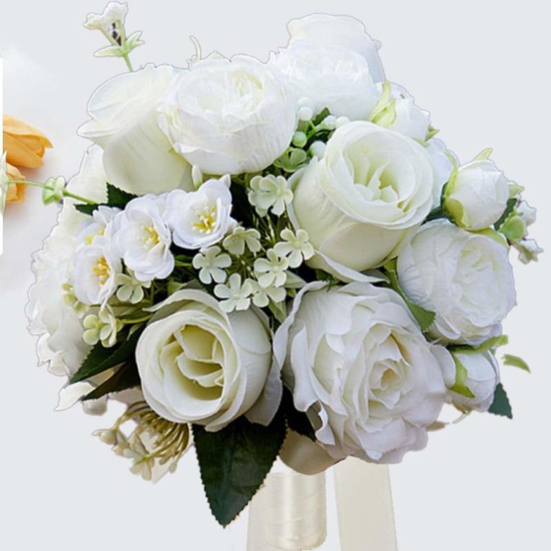 Artificial Rose Bridal Bridesmaid Bouquet | Wedding Church Valentine's Day in Champagne White